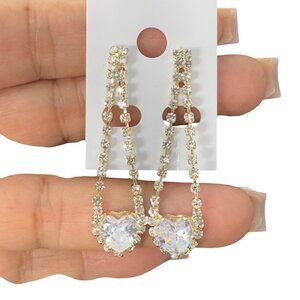 NEW Gold Filled Heart-Shaped Crystal Drop Earrings With Rhinestone Accents